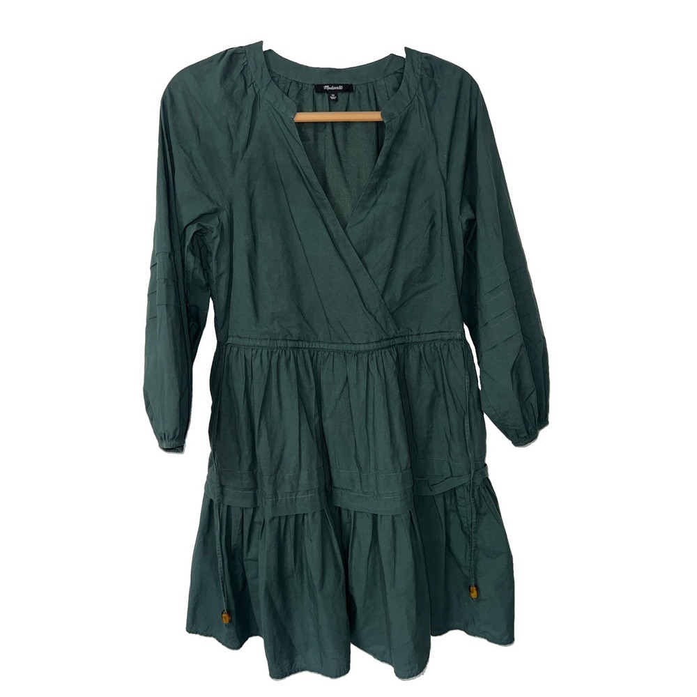 Madewell Women's Poplin Wrap Mini Tiered Ruffles Boho Dress Dark Emerald Size XS